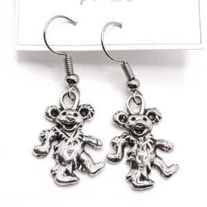 Handmade Silvertone Grateful Dead Dancing Bear Dangle Earrings, New